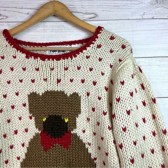 Vintage Knit Works Teddy Bear Hearts Pullover Sweater Size M Kawaii - Picture 4 of 12
